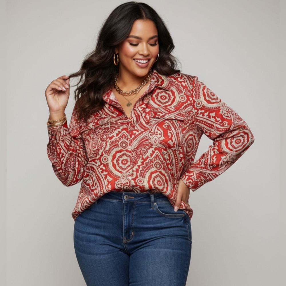Kim Rogers Women's Red Beige Long Sleeve Paisley Button Down Blouse Plus Size 3X